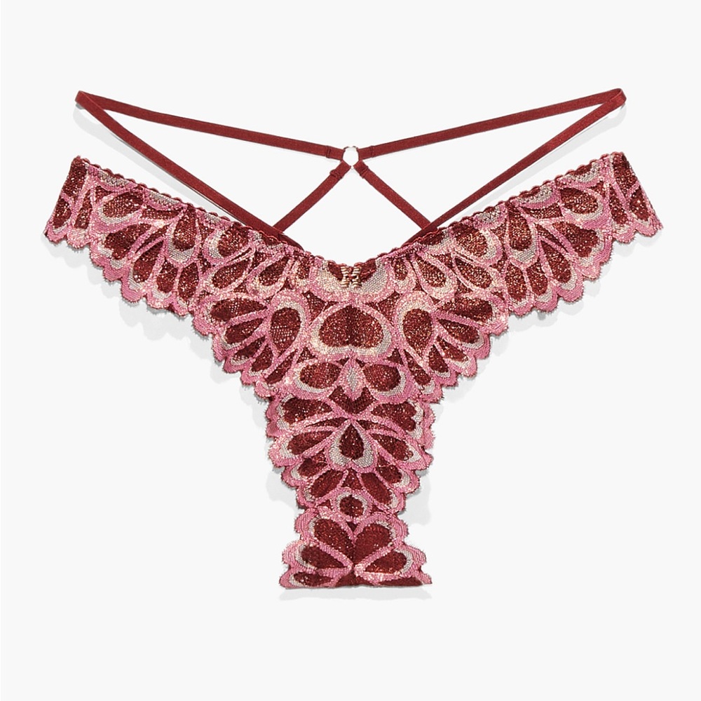 Savage X Fenty Sweet Jam Red Savage Not Sorry Strappy Lace Brazilian Panty - Picture 1 of 11